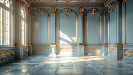 A photorealistic image of an empty room in the palace at versailles, with blue walls and marble floors. Created with Ai