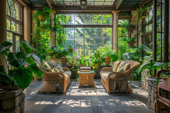 Sunlit conservatory filled with wicker furniture, overflowing with lush greenery.