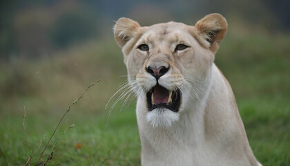 Lioness displays dangerous teeth during light