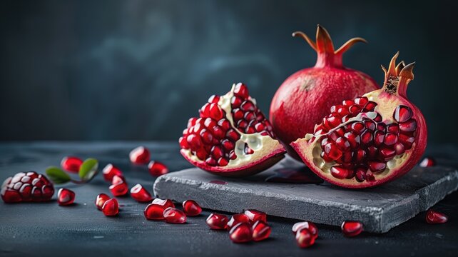 Open pomegranate with seeds on dark surface.