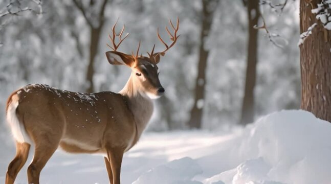 A snowy forest with deer cautiously exploring.
