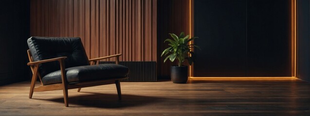Sleek Contrast, Black-Painted Wall with Wooden Panel, Complemented by an Armchair and Potted Plant on a Wooden Floor