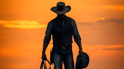 silhouette of a person with a hat with sunset background