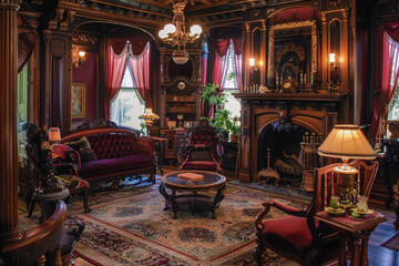 Victorian parlor adorned with plush velvet furniture, ornate rugs, and intricate woodwork.