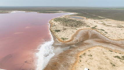 Mekletin pink salt lake on a sunny spring day in the steppe of Kalmykia