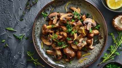Ear mushrooms arranged on a ceramic plate, garnished with fresh herbs and lemon zest