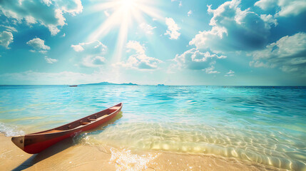 Fototapeta na wymiar Canoe on the water off a sandy beach
