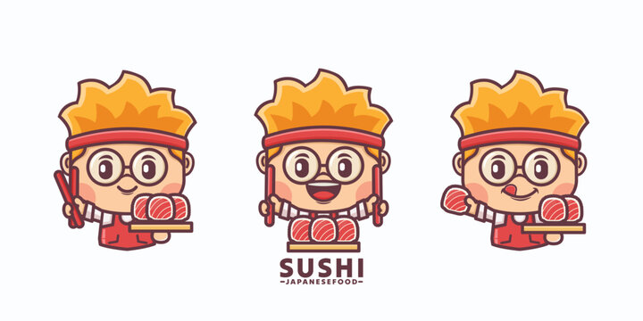 design cartoon mascot and sushi with different expressions