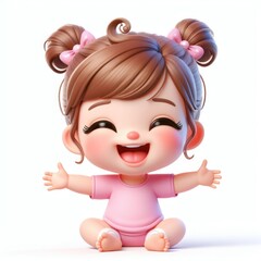 Fototapeta premium Happy smiling 3D cartoon baby girl character on white background