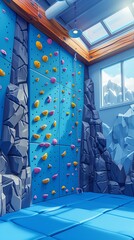 Climbing Wall Fun A cartoon illustration of a climbing wall in a gym, featuring electric blue accents against an azure backdrop The scene depicts a fun and adventurous leisure activity 8K , high-resol