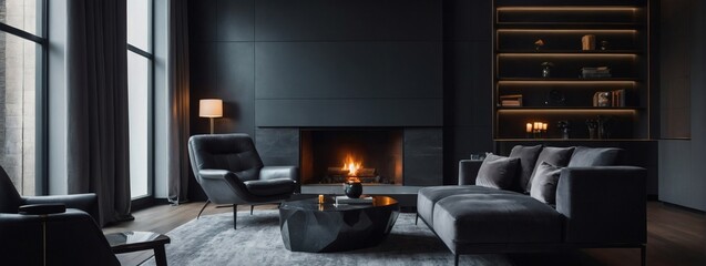 Sleek lounge interior with a chic fireplace, cozy armchair, and walls accented in a deep charcoal gray shade.
