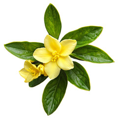 Close up macro photo of yellow jasmine flower with leaves transparent isolated