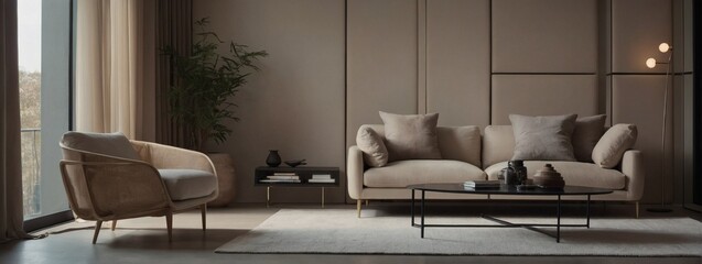 Sleek minimalist living space in beige hues, featuring an armchair, blank wall, coffee table, and contemporary decor pieces - obrazy, fototapety, plakaty