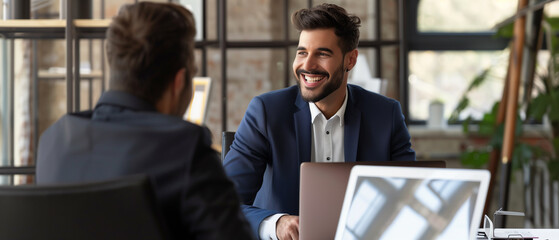 Smiling male employer or business personnel recruiter greeting job candidate who applied for vacancy. View over shoulder of working desk and laptop computer screen during virtual online job interview,