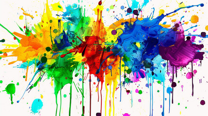 A colorful painting with splatters of paint that looks like a rainbow. The painting is full of bright colors and has a sense of energy and movement