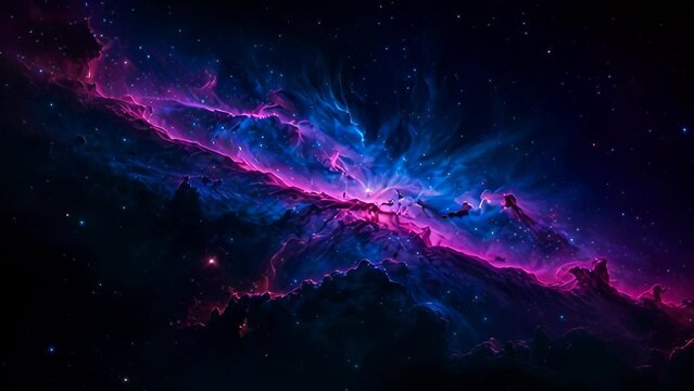 Video animation of mesmerizing cosmic scene that resembles a nebula. It features deep blue and purple hues with touches of pink, evoking the vastness of space