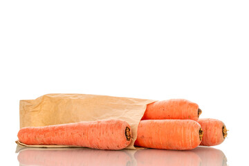 Several sweet carrots with paper bag, macro, isolated on white background.