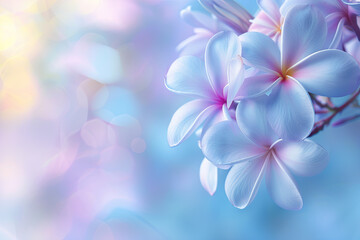 Delicate abstract background of soft blue and purple Plumeria frangipani flowers