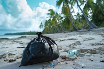Beautiful tropical beach marred by plastic pollution, immediate action needed for environmental restoration. Preserve paradise, combat waste - obrazy, fototapety, plakaty