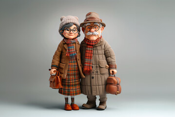 3d design of old couple dressed in winter clothes isolated on white background. Grandparents day concept 