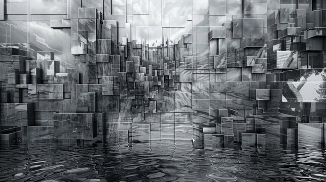 A maze of distorted and jumbled reflections in varying shades of gray symbolizing the complexities and intricacies of the modern world and how it can be overwhelming to navigate. .