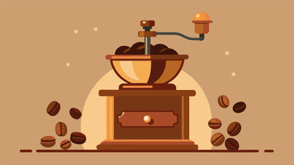 The satisfying crunch of premium coffee beans being ground in a vintage handcranked grinder evoking nostalgia and tradition.. - obrazy, fototapety, plakaty