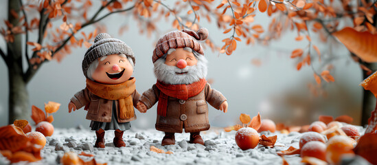 3d design of an elderly couple holding hands and smiling, dressed in winter clothes 