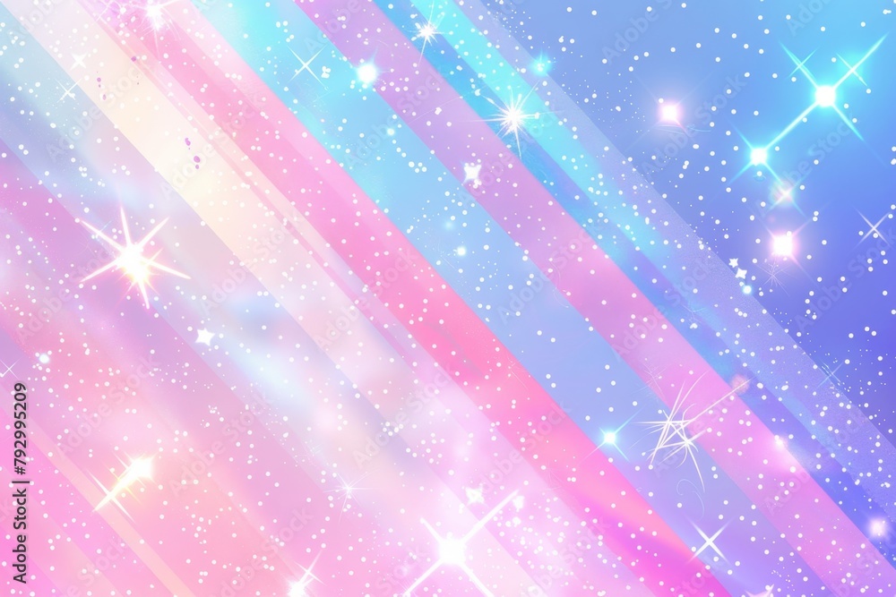 Poster the background features diagonal pink and blue gradient stripes, sparkles and stars in the shiny, br
