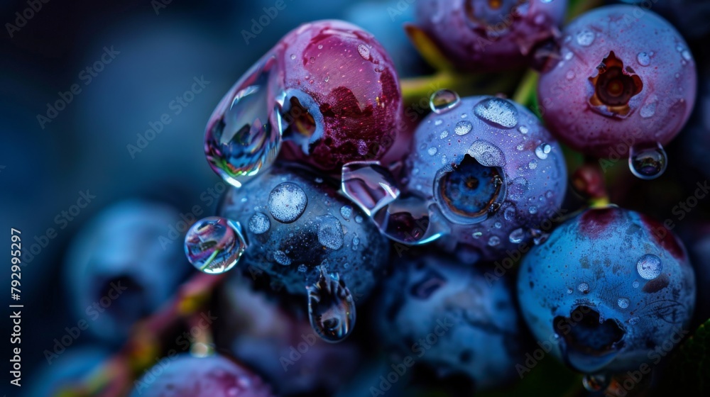 Aufkleber macro photograph of a translucent water droplet clinging to a cluster of blueberries