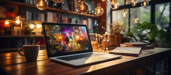 Laptop and coffee cup on wooden table in coffee shop,