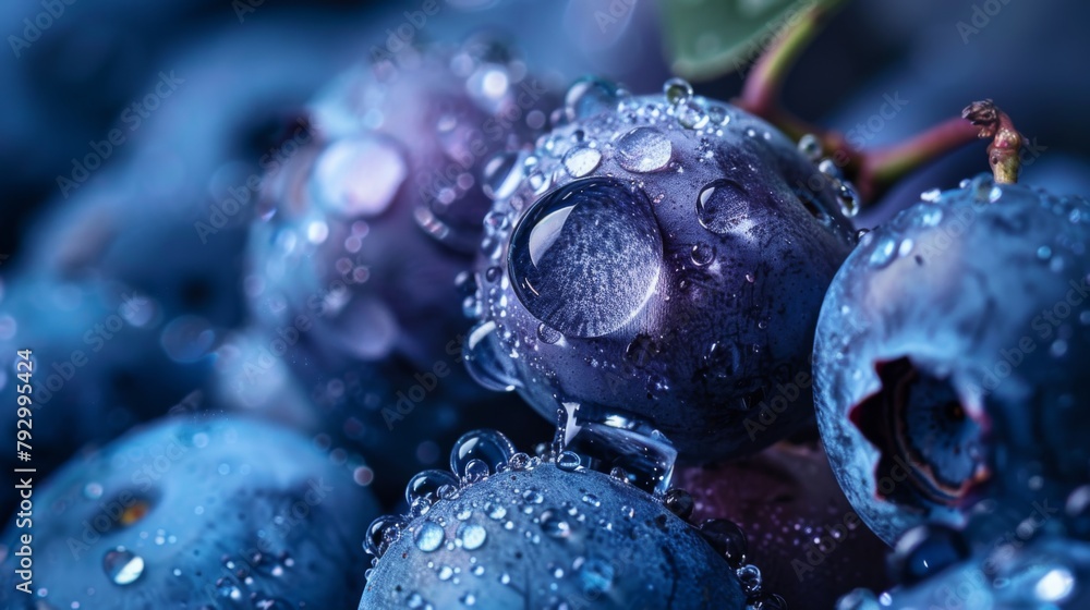 Poster macro photograph of a translucent water droplet clinging to a cluster of blueberries