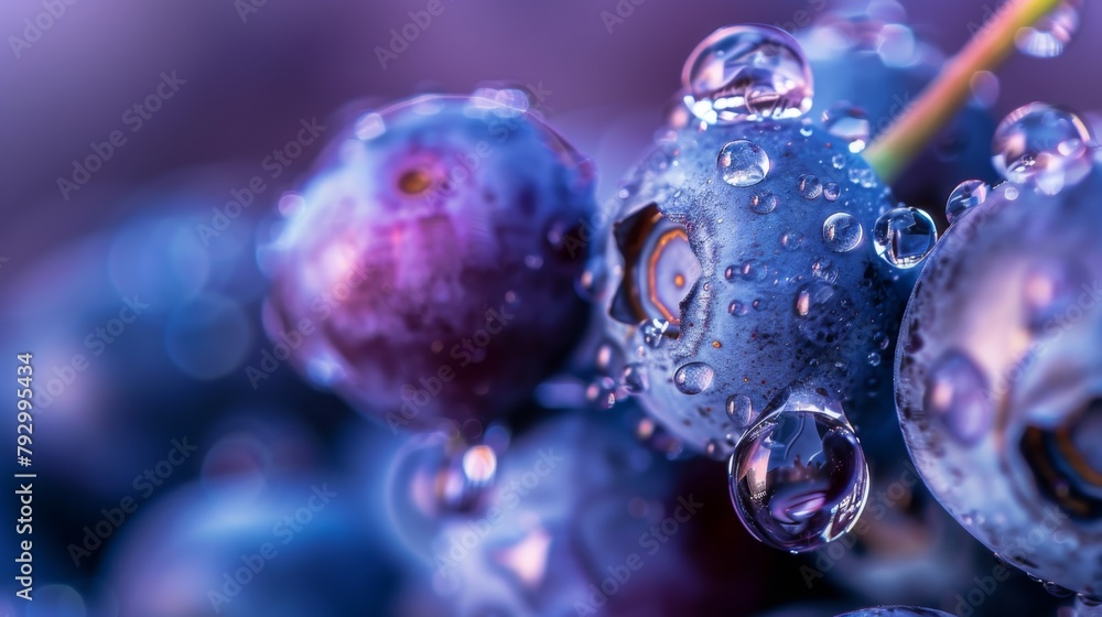 Poster macro photograph of a translucent water droplet clinging to a cluster of blueberries