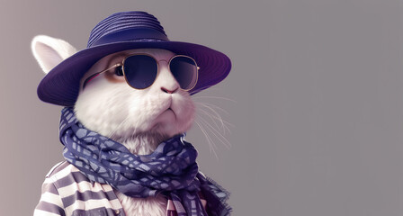 Elegant white bunny with stylish neck scarf, sunglasses and sunhat, ready for summer vacations. - 792995407