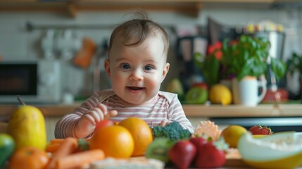 Fototapeta premium Baby Sitting at Table With Fruits and Vegetables