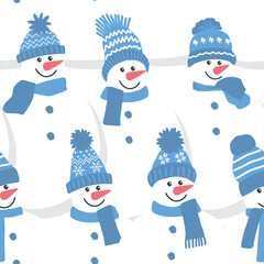 Winter Pattern. Seamless background with snowmen. Cute snowmen in blue winter hats and scarves. Christmas background. Vector illustration