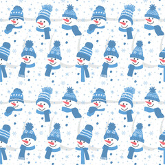 Winter Pattern. Seamless background with snowmen, snoflakes. Cute snowmen in blue winter hats and scarves. Christmas background. Vector illustration