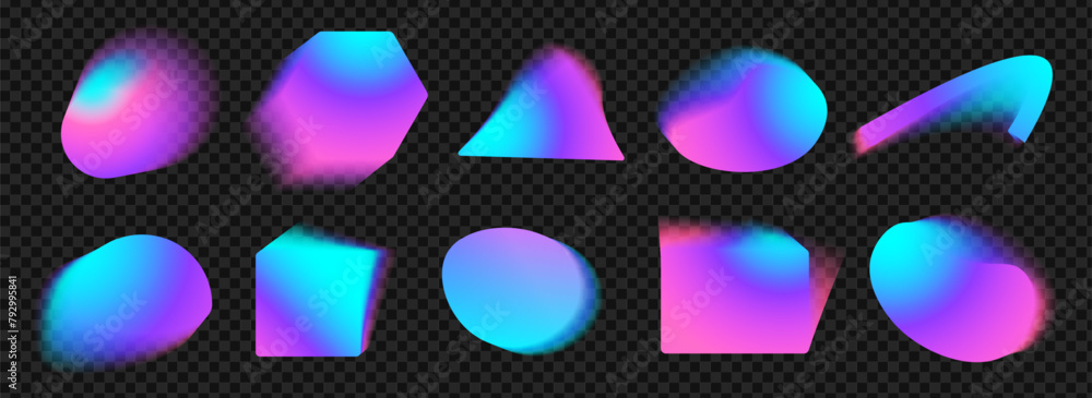 Poster set of blured gradient shapes in golographic neon colors on black transparent background. fluid of l