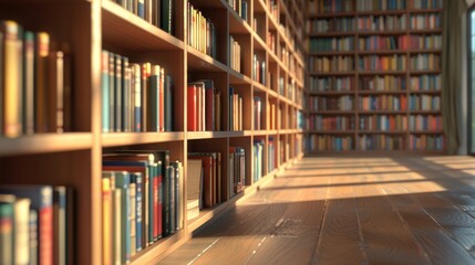 Warm Sunlight Illuminating Peaceful Library Bookshelves