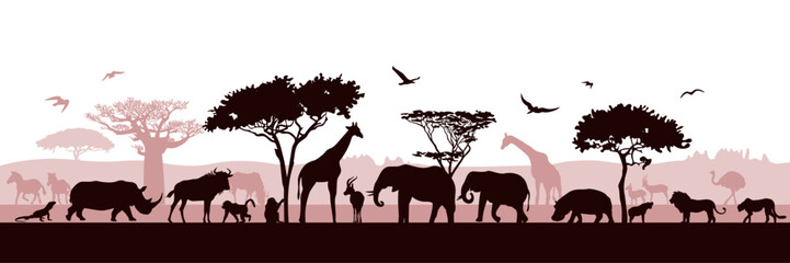 African panorama with silhouettes of wild animals. Vector illustration.	
