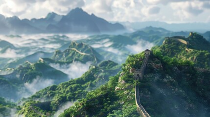 Majestic Great Wall of China Winding Through Misty Mountains - Powered by Adobe
