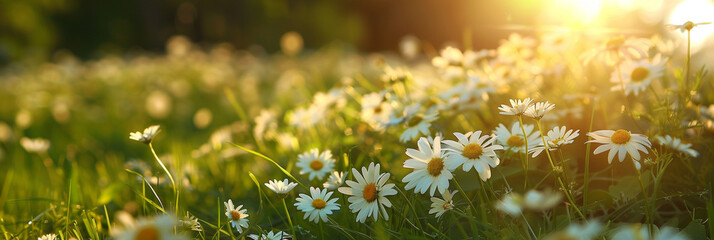 Beautiful spring and summer natural landscape with blooming field of daisies