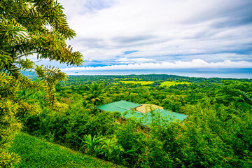 Verdant landscape of the Pacific Coast in Costa Rica, with lush rainforest transitioning into tranquil blue waters under a dynamic sky. High quality photo