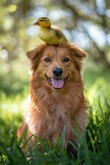 Happy dog with a duckling on its head in a sunny park - concept of nature harmony and friendship - 792996412