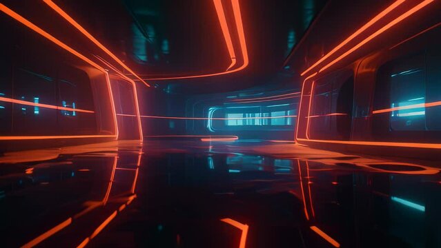 Video animation of  Futuristic Corridor. It features a sleek, modern design with neon lighting that creates a sci fi ambiance