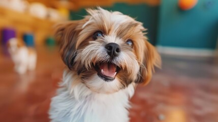 Playful shih tzu puppy looking up with an irresistible smile during a training session