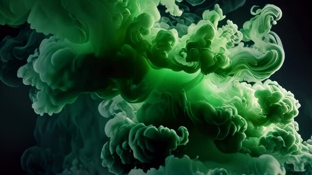 Video animation of  abstract formation of green smoke or ink against a black background, with shades of green creating a sense of depth and motion