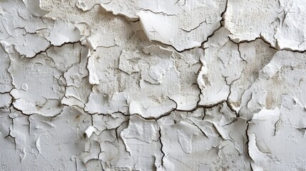 Detailed texture of white paint cracking and peeling off a wall, showcasing patterns of decay and age.