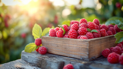 Ripe raspberries in a wooden box in the garden. Gardening and healthy eating concept
