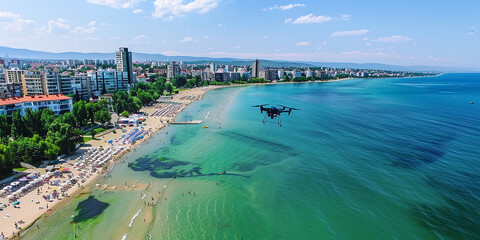 Varna, Bulgaria -  Flying drone quadcopter Dji-generated image AI - obrazy, fototapety, plakaty