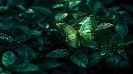 Mystical Butterfly Glowing in Moonlight Delicate Wings Illuminated Amidst Dark Foliage